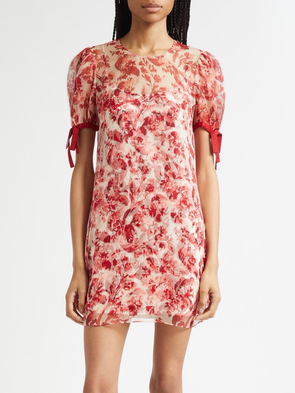 Cinq a Sept Junette Floral Ribbons Silk Mini Dress Cherry Rose Sz 14 MSRP $425